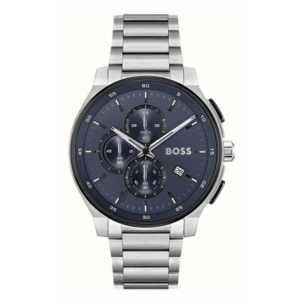 Ανδρικό Ρολόι Hugo Boss 1514189 – Χρονογράφος, Ασημί Ατσάλινο Μπρασελέ, Μπλε Καντράν 45mm